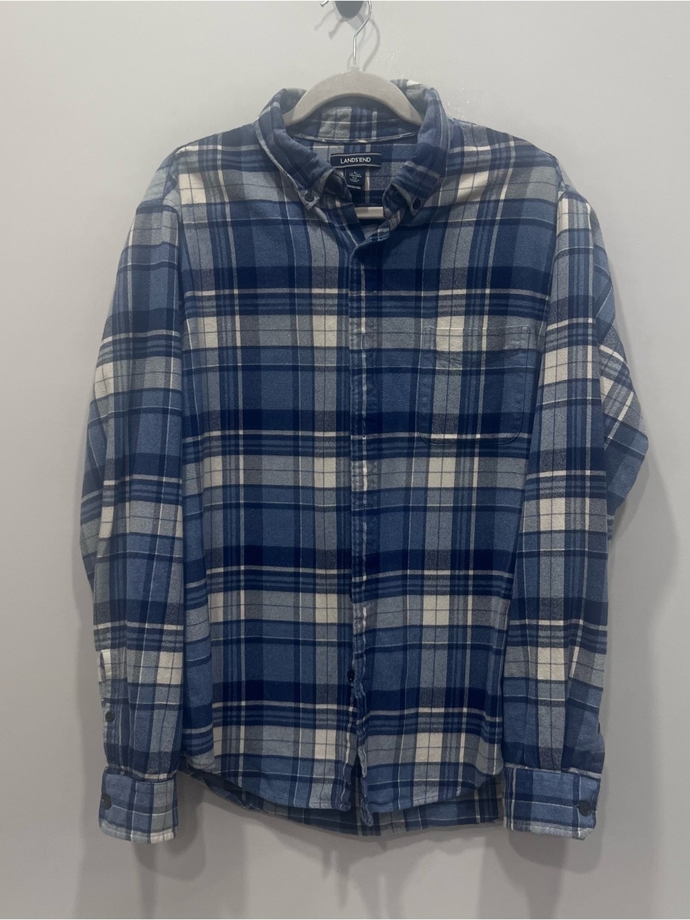 Lands' End Men's Blue and White Plaid Button-Down Shirt